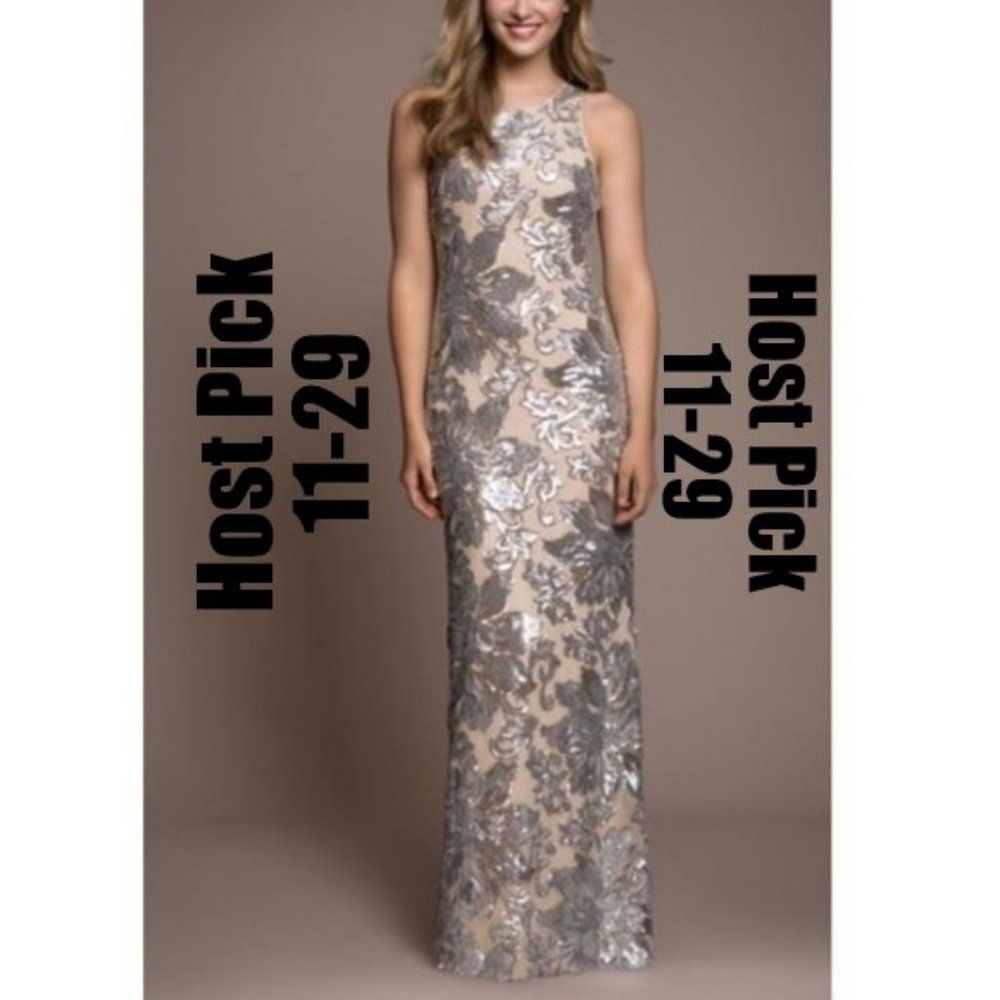 BETSY & ADAM ILLUSION SEQUIN FLOWER GOWN 2P